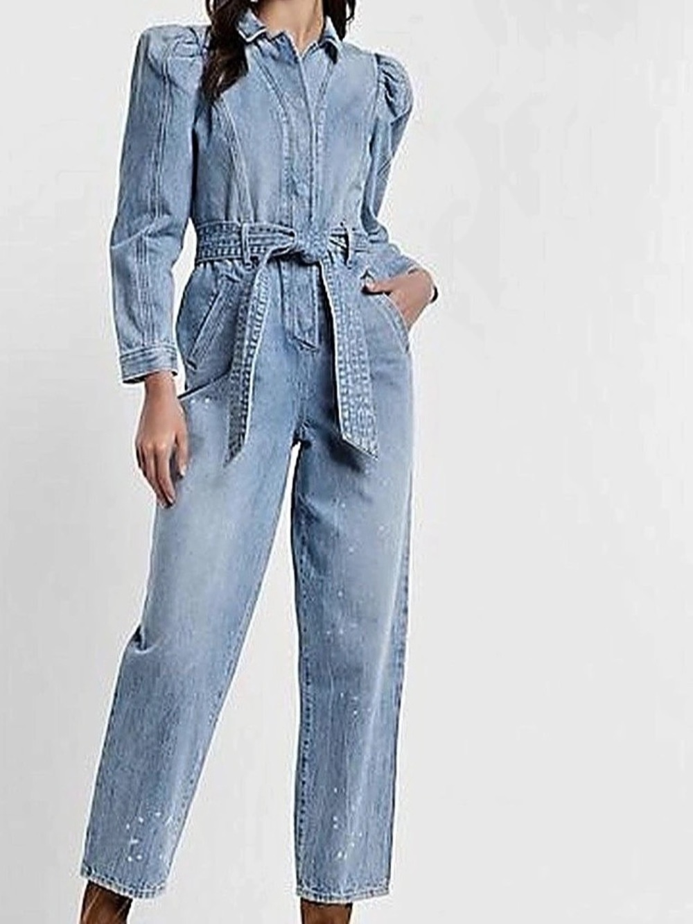 Express Puff Sleeve Tie Waist Denim Jumpsuit